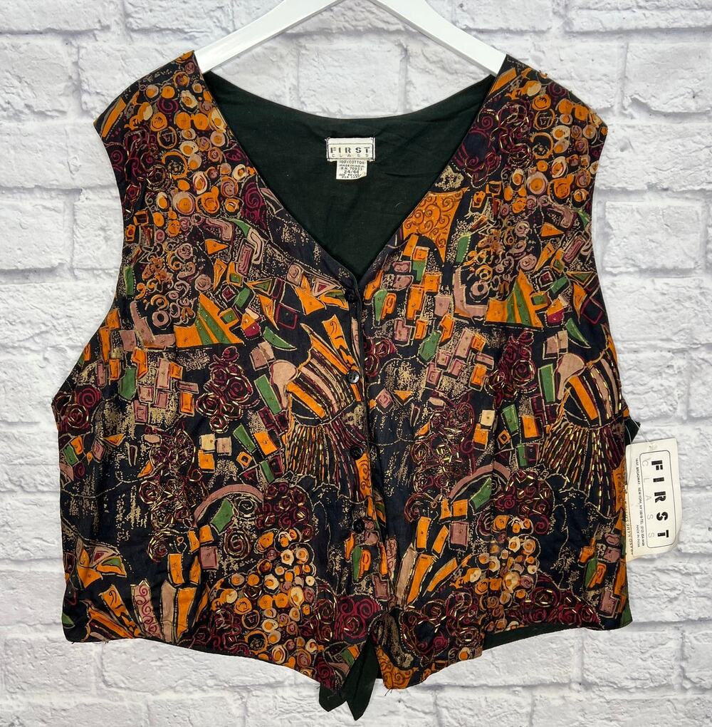 Vintage First Class Womens Vest Size 2XL Abstract Floral Beaded New Button Front